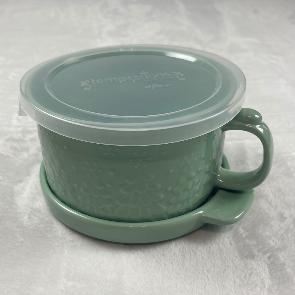 Temp-tations by Tara 25oz Seasonal Soup Mug Coaster Lid Set Green Christmas Tree